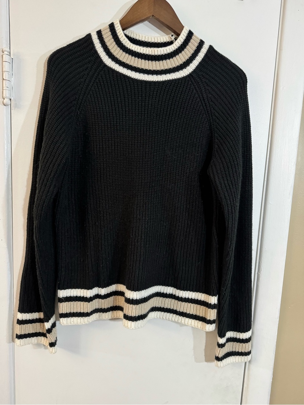 Sanctuary Black Crewneck Sweater with Ivory Stripe Trim